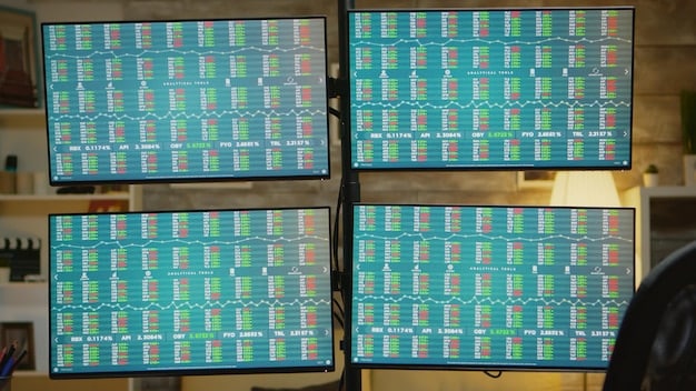 A stock market trading desk with multiple screens displaying stock charts and financial news, hands on keyboards, signifying rapid decision-making and strategic adjustments in response to market changes.