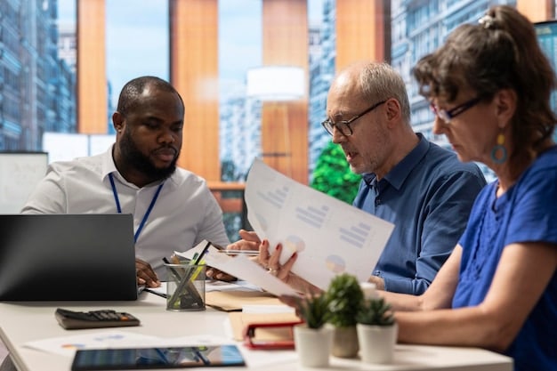 A diverse group of people discussing healthcare costs and HSA benefits around a conference table with charts and graphs. The image conveys financial planning and health literacy.