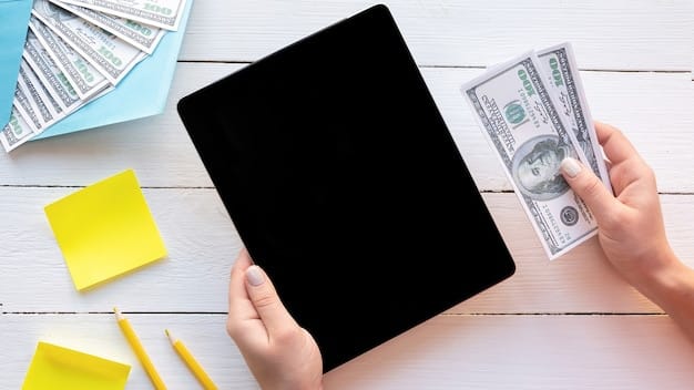 A close-up of a student's hand filling out a FAFSA form on a tablet, with blurred dollar signs and graduation caps in the background, symbolizing financial aid for education.