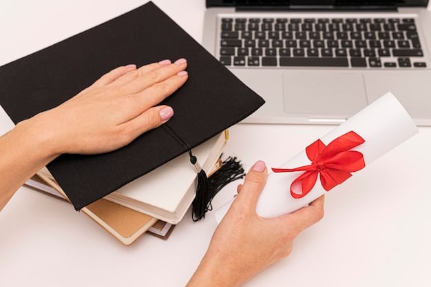 A close-up of a student signing a college enrollment document, with a graduation cap and diploma on the table and a blurred background of a college campus.