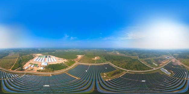 A panoramic view of a vast solar farm under a clear blue sky, with rows of solar panels extending towards the horizon, illustrating large-scale renewable energy generation.