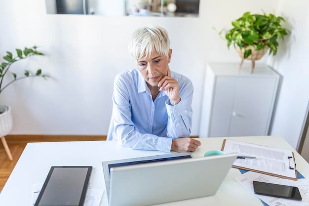 A thoughtful older person sitting at a desk, looking concerned while reviewing financial documents and a calculator, with a blurred background showing images of rising prices and headlines about inflation, symbolizing the stress of managing finances in retirement during inflationary periods.
