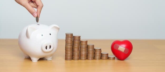 A stack of coins and dollar bills next to a small piggy bank labeled 