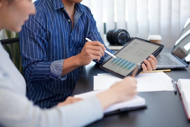 A professional financial advisor explains complex tax documents to a client, with a digital tablet displaying charts and graphs, emphasizing new reporting requirements and compliance.