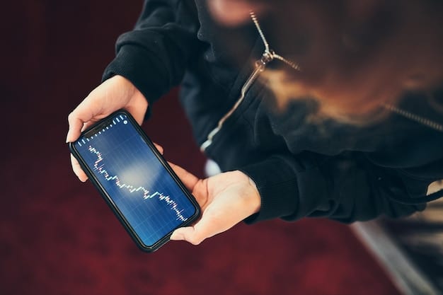 A person's hand holding a smartphone displaying stock market charts, with a blurred background of a busy trading floor, signifying rapid information flow.