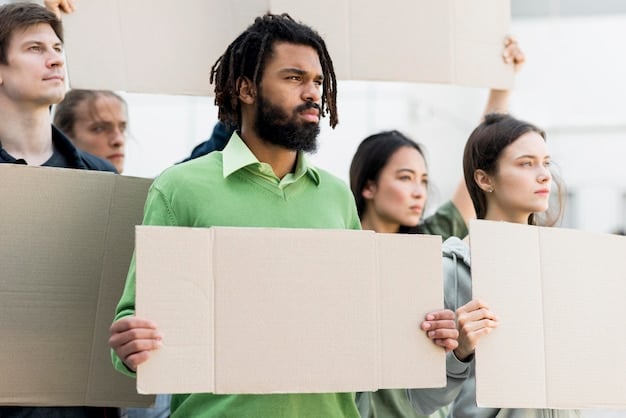 A diverse group of people participating in a public debate or forum, some holding signs, symbolizing community engagement and advocacy for policy changes.
