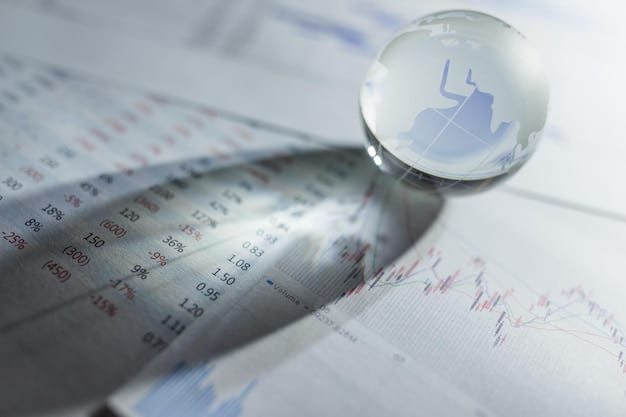 A close-up of a magnifying glass hovering over complex financial documents with various charts and graphs, suggesting detailed regulatory scrutiny. In the background, faded global map outlines.
