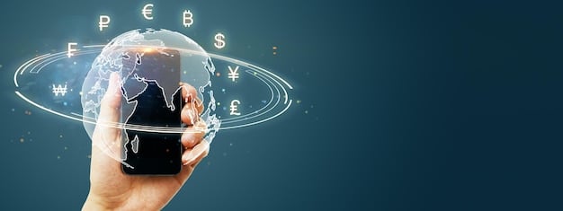 A person's hand holding a smartphone displaying a money transfer app interface, with a background of a blurred globe and subtle financial graphs, symbolizing global digital transactions.
