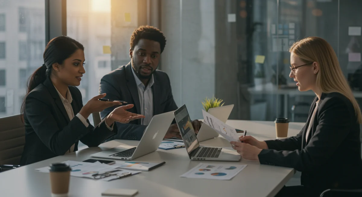 Business team collaborating on cybersecurity compliance strategy.