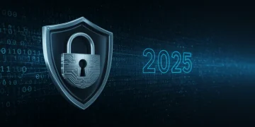 Digital shield protecting data with 2025, symbolizing new federal cybersecurity mandates for US businesses.
