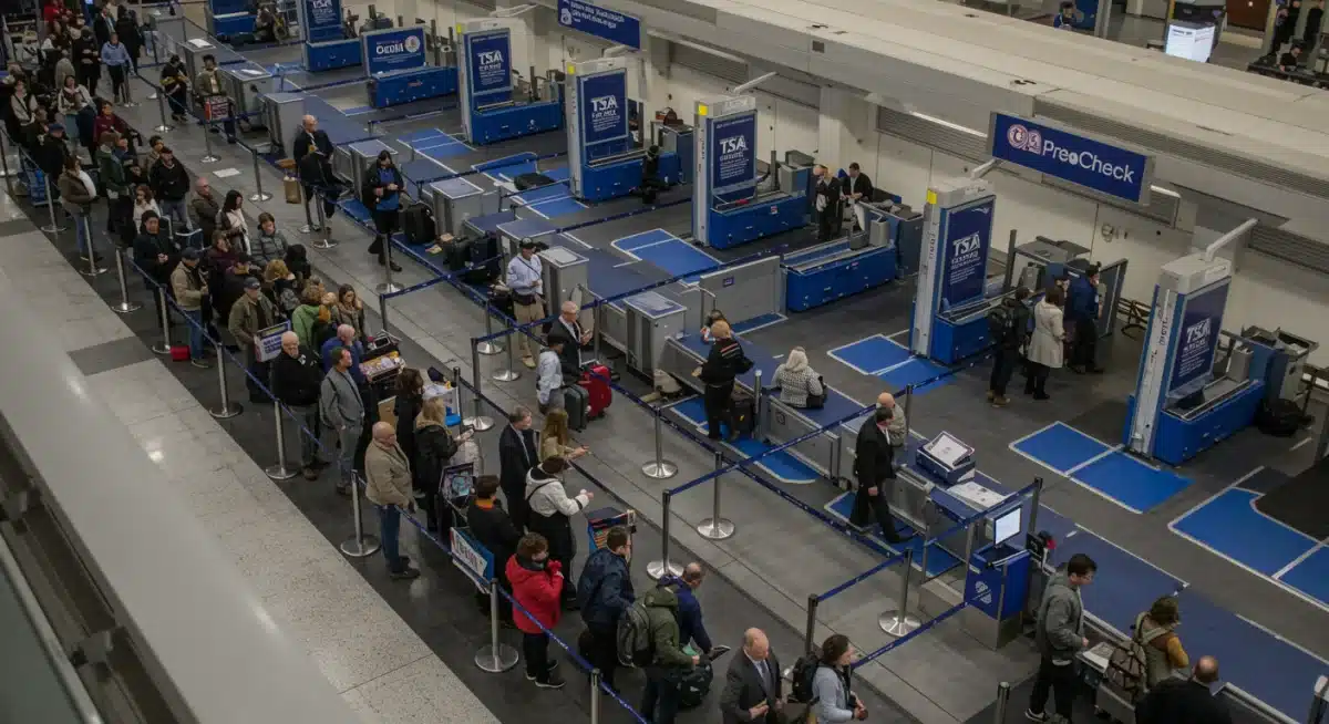Contrast between long standard security line and short TSA PreCheck line