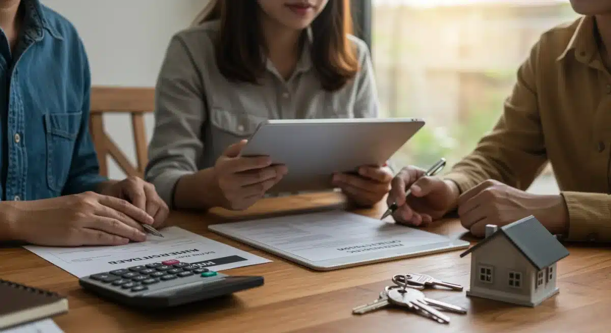 Family reviewing mortgage documents after Federal Reserve interest rate announcement.