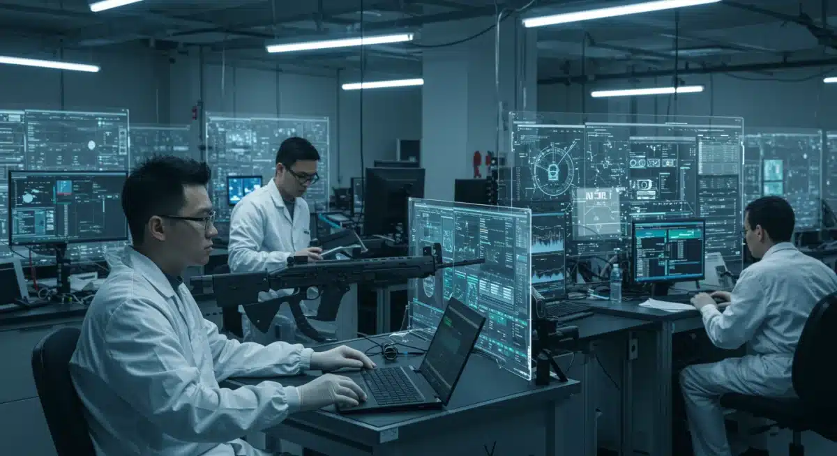 Engineers developing advanced weaponry and cybersecurity systems in a high-tech lab.