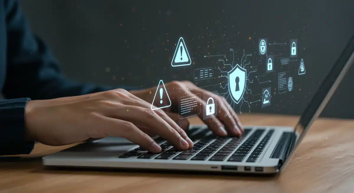 Hands typing on laptop with cybersecurity icons, illustrating steps to protect personal data after a major retailer data breach.