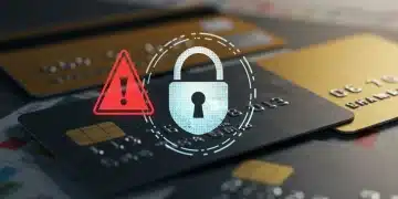 Digital lock icon with red alert over credit cards, symbolizing a major retailer data breach affecting millions of US accounts.