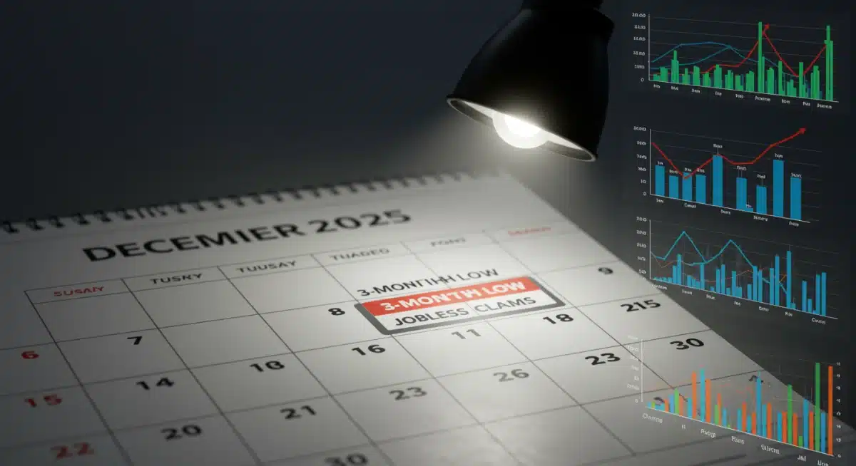 December 2025 calendar highlighting 3-month low in jobless claims, symbolizing economic recovery.