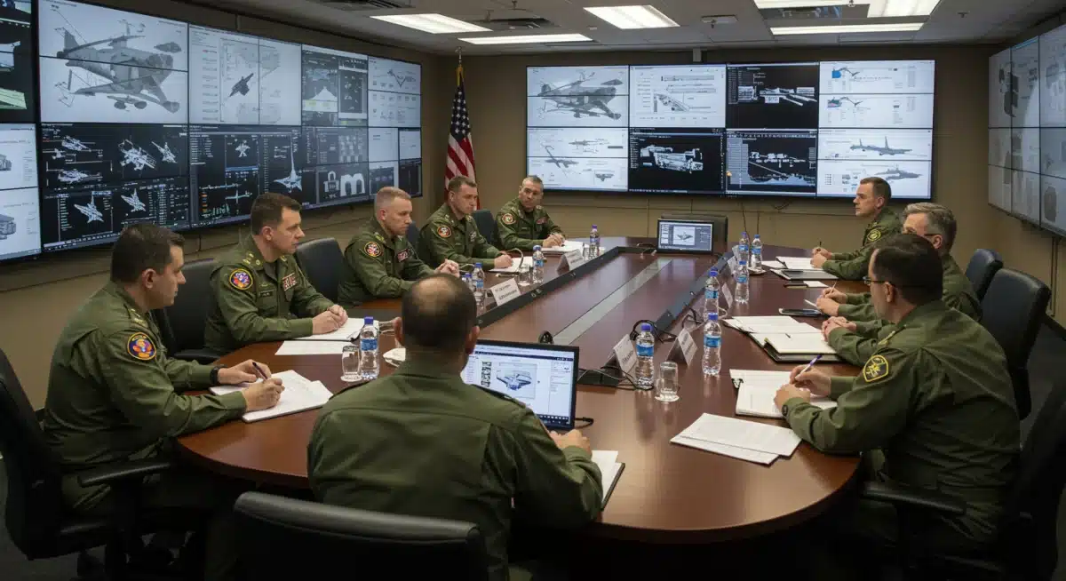 Military officials and defense contractors reviewing strategic defense budget plans.