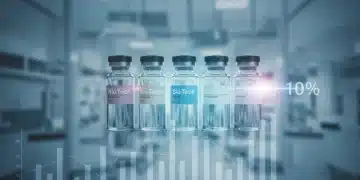 Five new biotech drug vials with a healthcare cost impact graph, symbolizing FDA approvals.