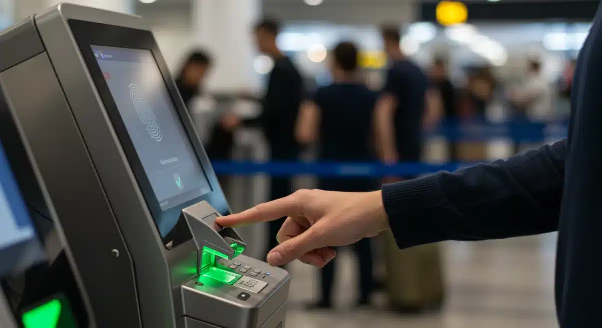Traveler using a CLEAR kiosk for expedited airport identity verification.