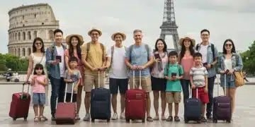 Diverse travelers smiling with passports and luggage in front of a global landmark, symbolizing safe and prepared international adventures.
