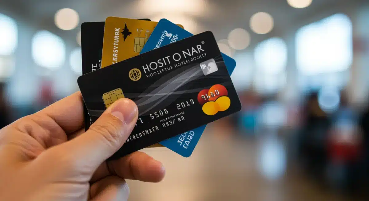 Hand holding co-branded hotel credit cards, emphasizing earning points for free nights.