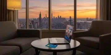 Luxury hotel room with city view and loyalty card, symbolizing maximized hotel rewards strategies for US travelers.