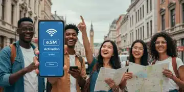 US travelers using smartphones with eSIMs in an international city, embodying global connectivity