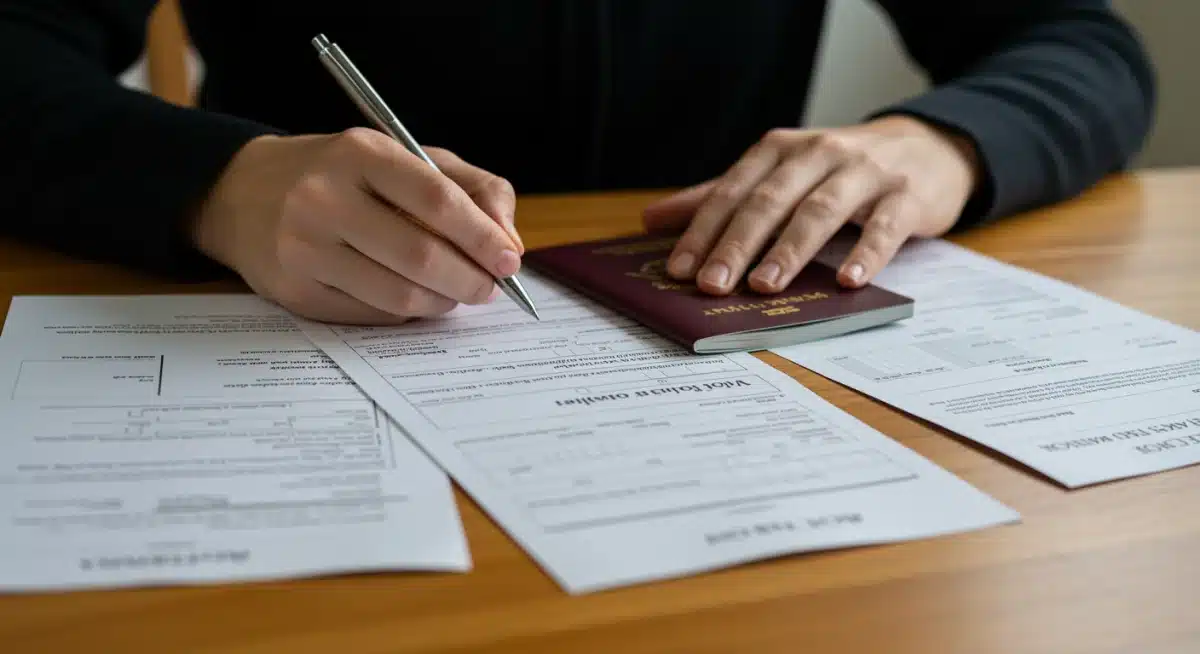 Person carefully filling out passport renewal application form