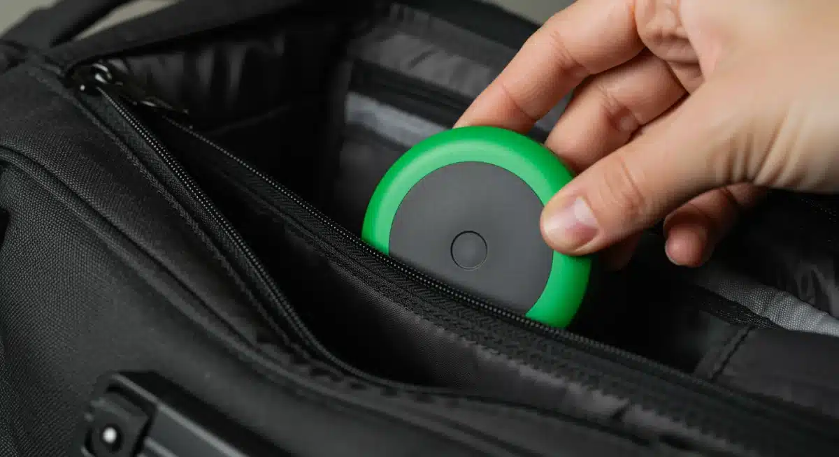 Compact smart tracker being placed inside a travel bag pocket.