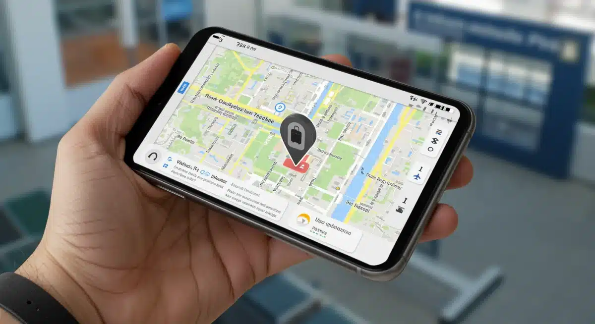 Smartphone displaying luggage tracker location on an airport map.