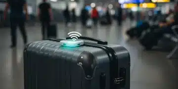 Smart luggage tracking device attached to a modern suitcase in an airport.