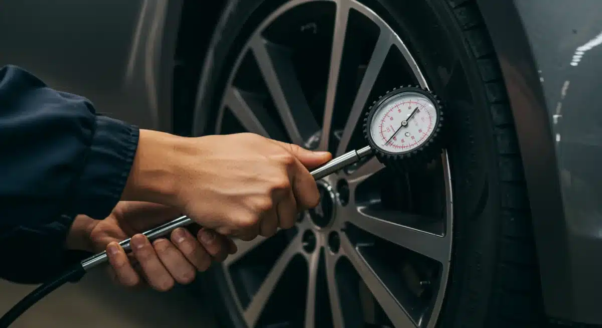 Mechanic checking tire pressure on a vehicle before a long journey