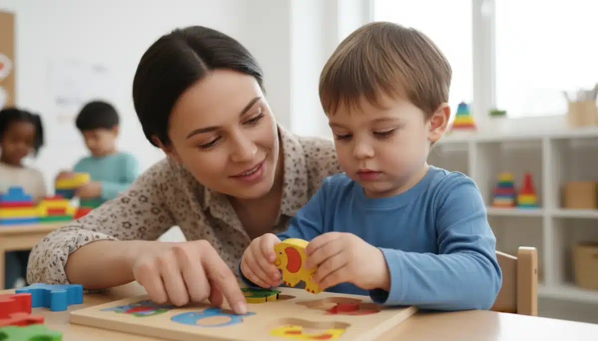 Teacher and child engaged in a learning activity, reflecting new federal preschool standards.