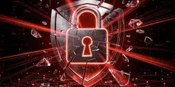 Broken digital shield over network, symbolizing data breach vulnerability
