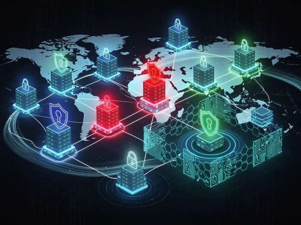 Complex server network under cyber attack, showing digital defense and vulnerabilities.