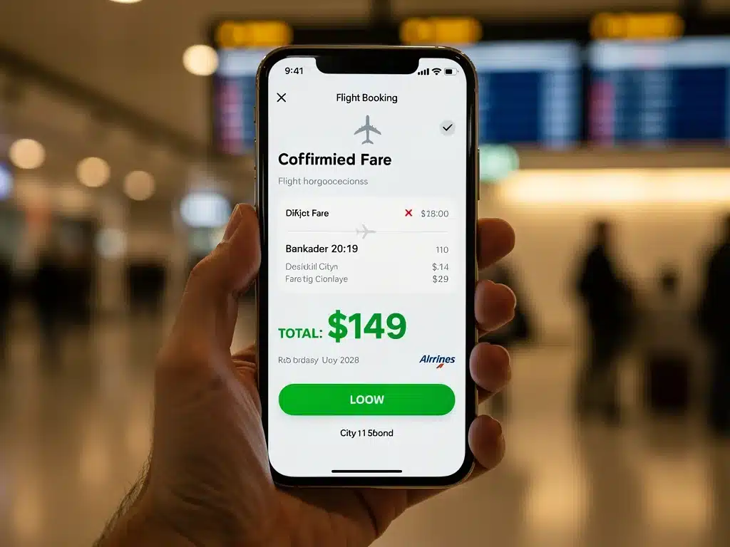 Smartphone displaying discounted flight booking confirmation, successful savings.