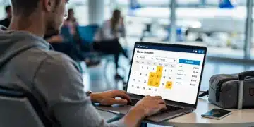 Traveler planning flight 3 months out on laptop, saving money on airfare.