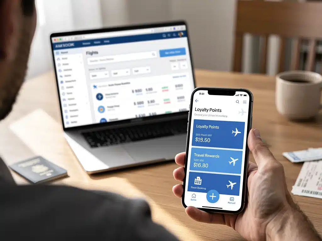 Person checking travel rewards on mobile app, planning U.S. trip