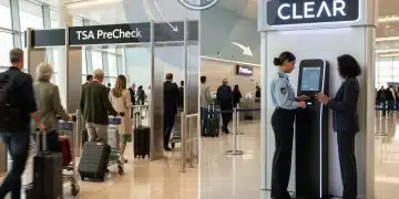 TSA PreCheck vs Clear airport security lines comparison for 2026, highlighting faster travel.