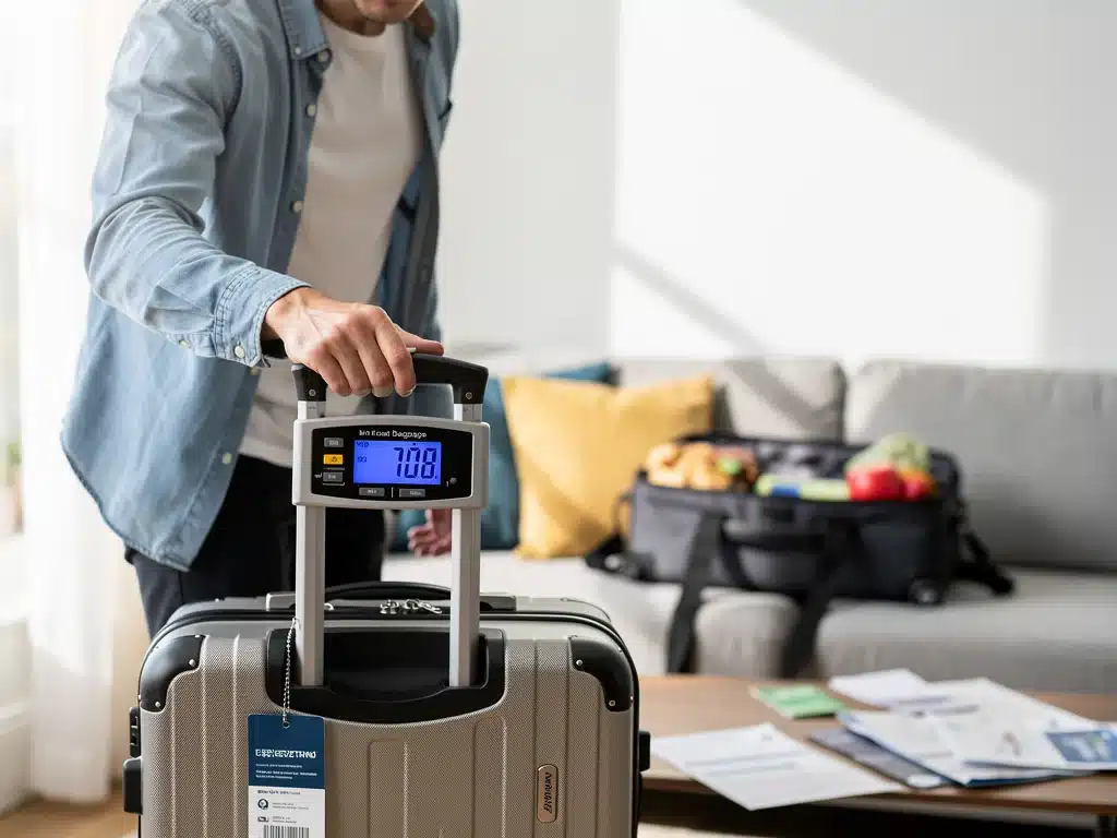 Traveler weighing luggage to avoid overweight fees before departure