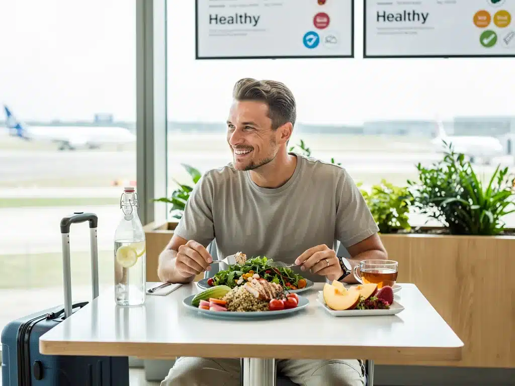 Traveler enjoying a healthy and energizing meal at an airport restaurant.