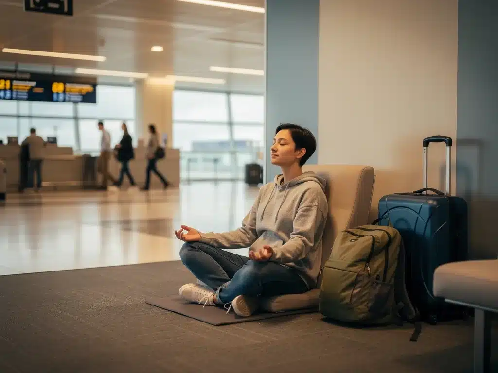 Traveler finding peace and meditating in a quiet airport corner during layover.