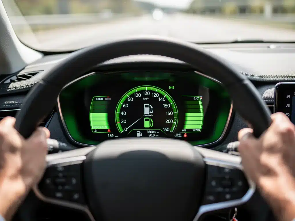 Dashboard fuel efficiency gauge showing optimal driving, emphasizing smart fuel management.