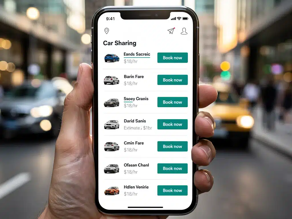Smartphone displaying a peer-to-peer car sharing app interface with available vehicles and booking details.