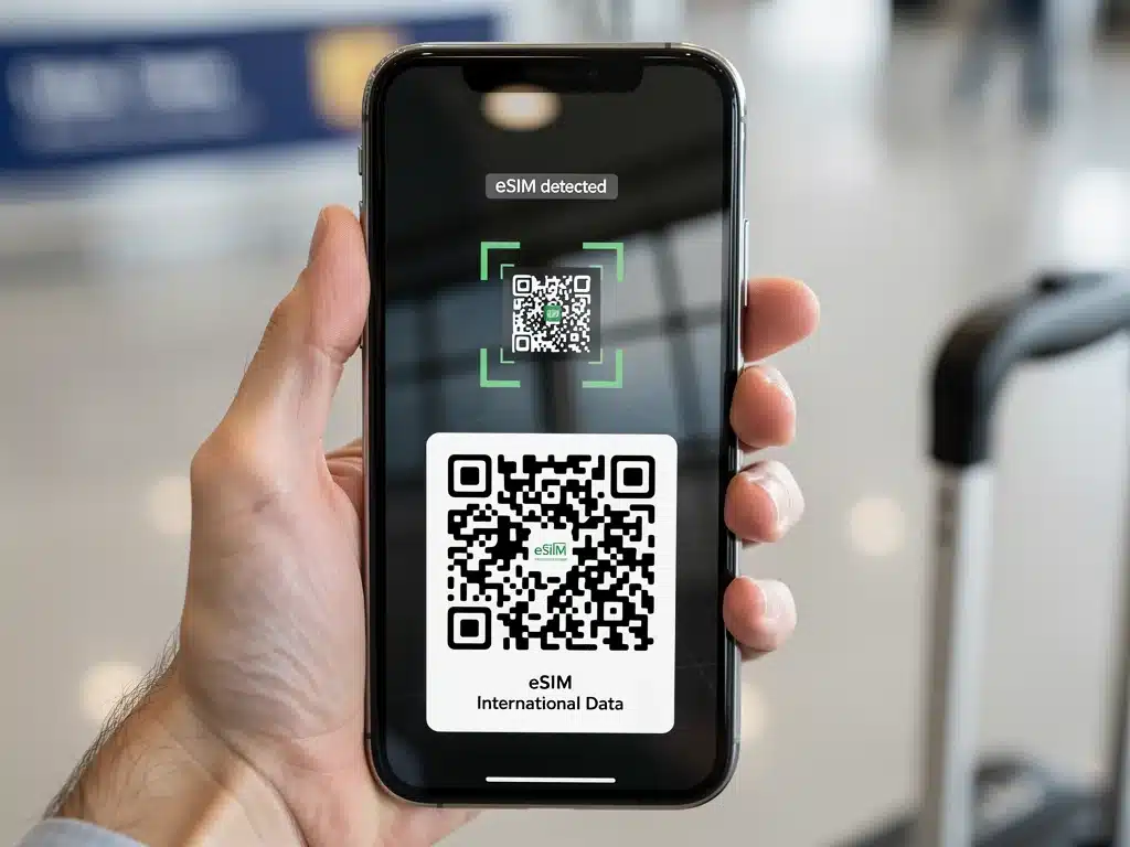 Smartphone scanning eSIM QR code for international data activation