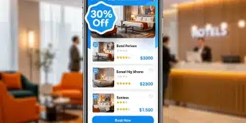 Smartphone displaying a 30% off hotel deal on a booking app, symbolizing last-minute savings.