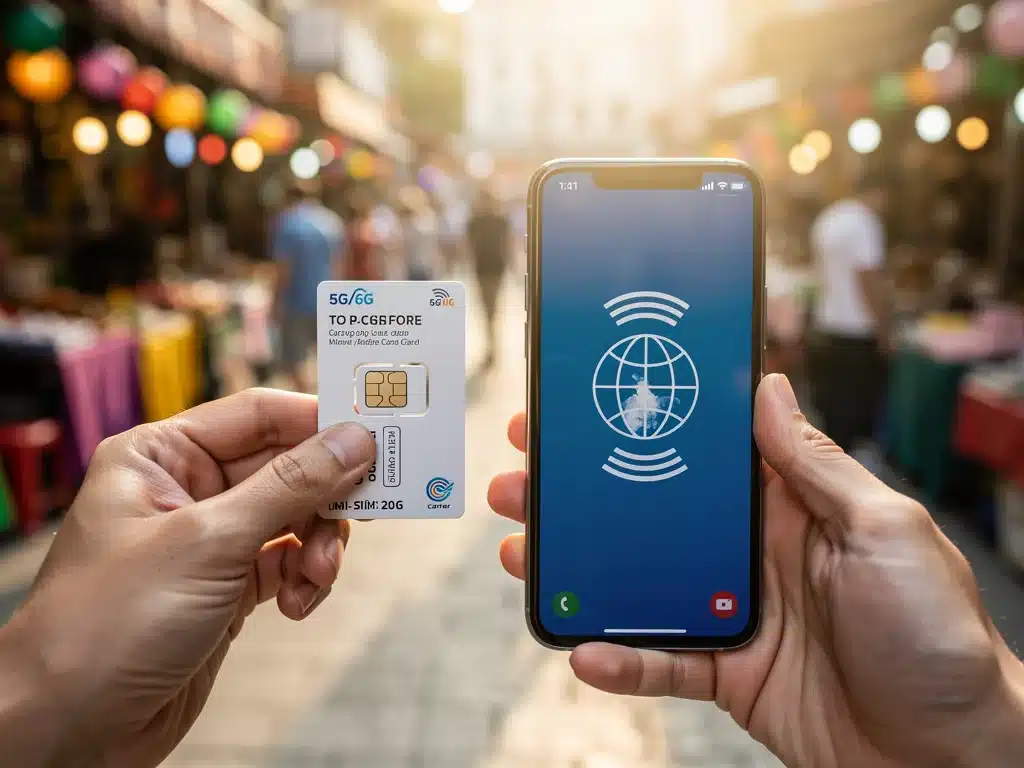 Hands holding local SIM card near smartphone in foreign market
