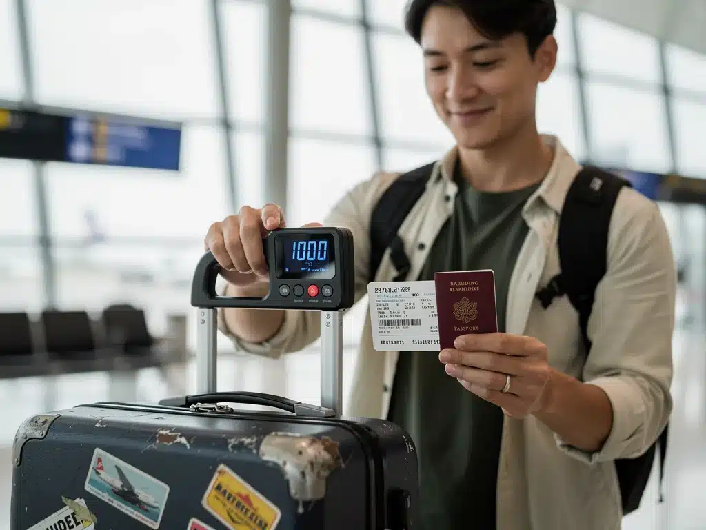 Traveler weighing luggage to ensure reduced weight for a trip