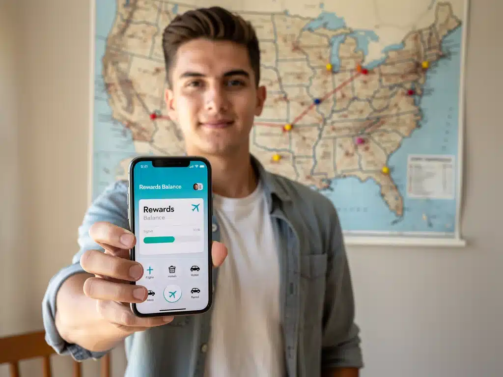Person checking credit card rewards on phone for domestic travel