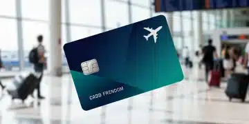 Modern credit card with airplane symbol at airport terminal